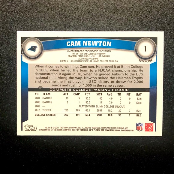 Cam Newton 2011 Topps Rookie NFL Football Card!! - Picture 2 of 2